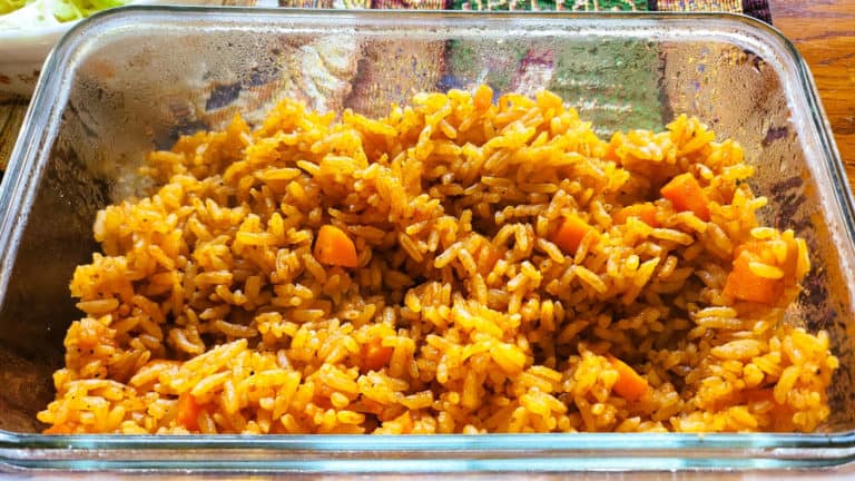 Mexican rice in a glass Pyrex dish
